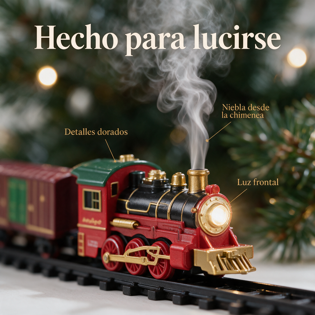Tren Brisa Polar recorriendo el árbol encendido, con niebla