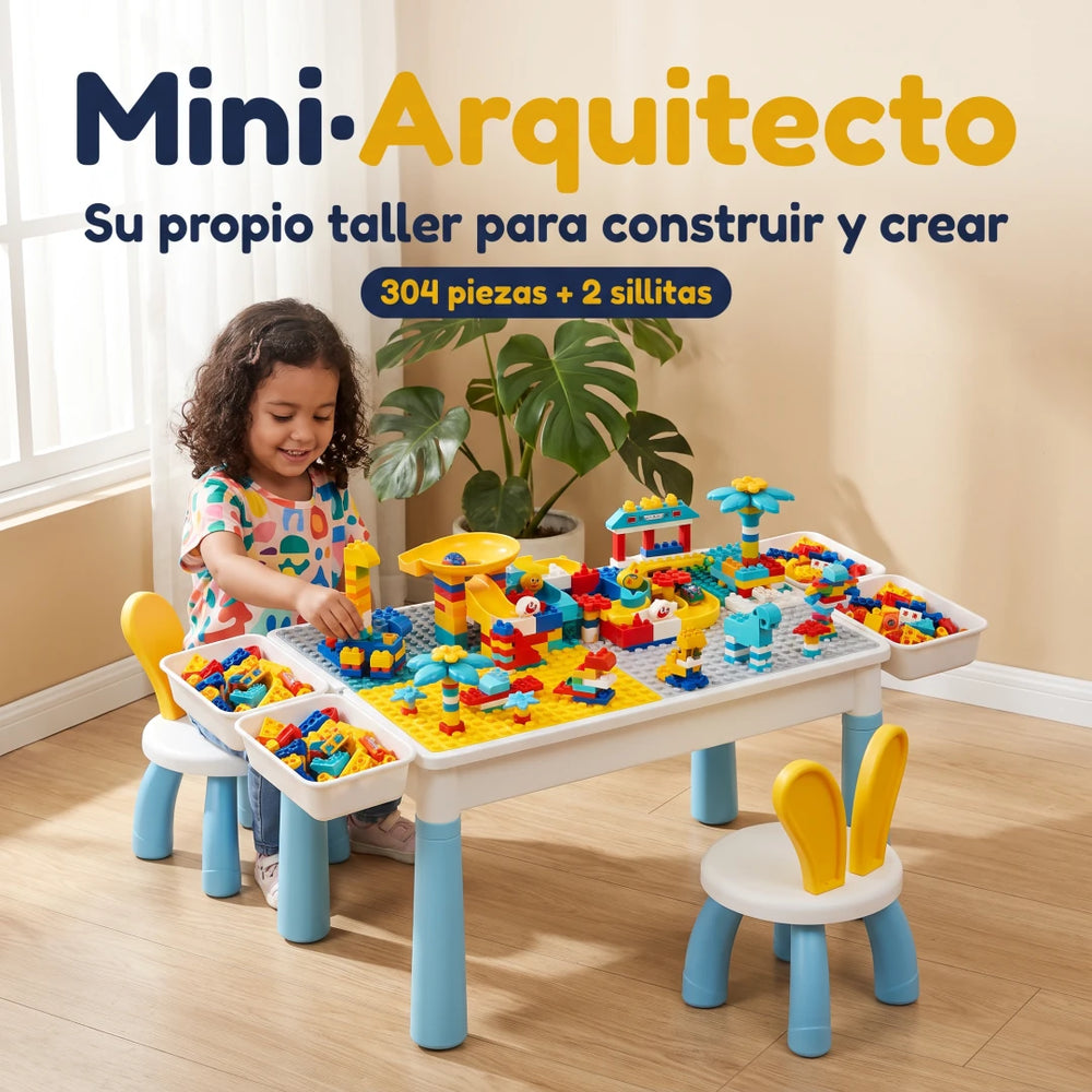 Mesa armada con las 2 sillitas y construcción encima