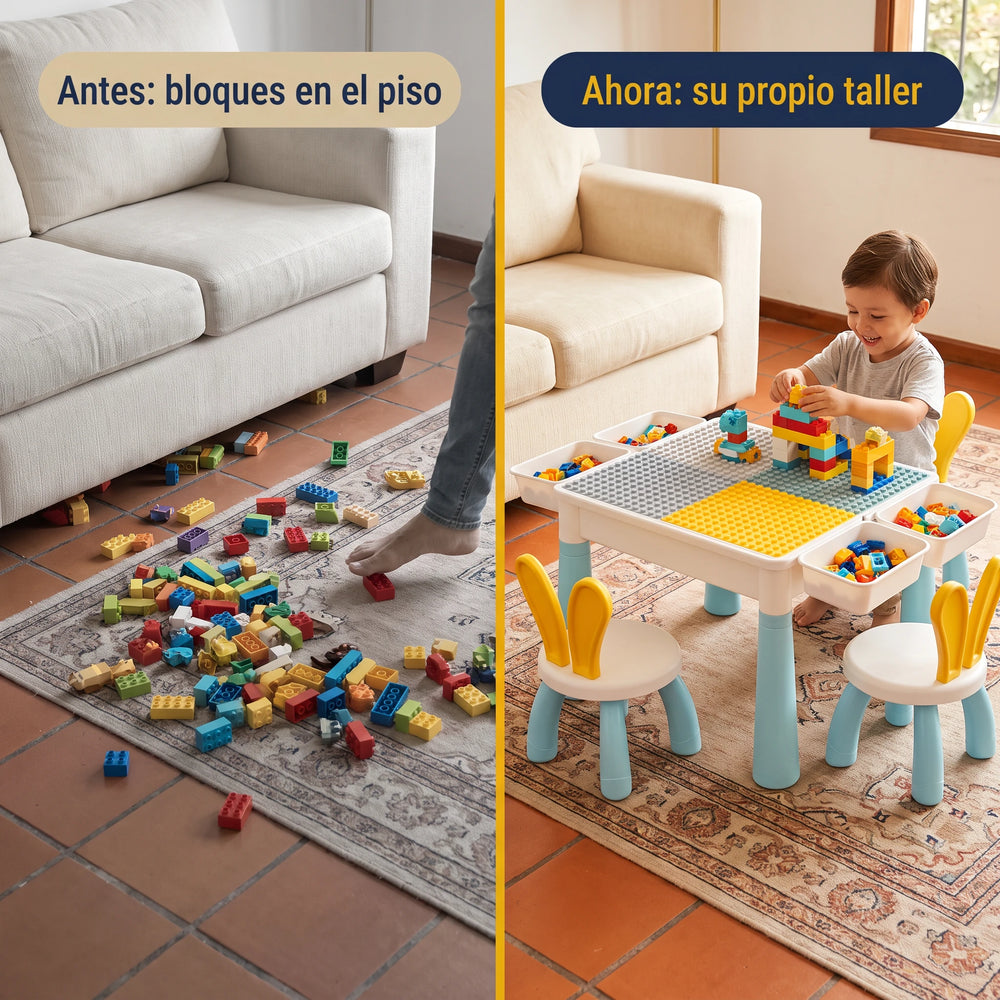 Contenido de la caja: 304 piezas, mesa y 2 sillitas
