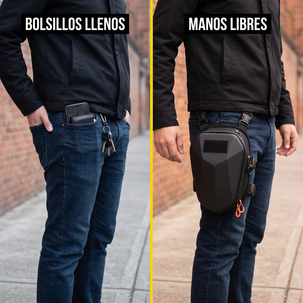 Comparación: bolsillos llenos frente a manos libres con Ruta Pack en el muslo