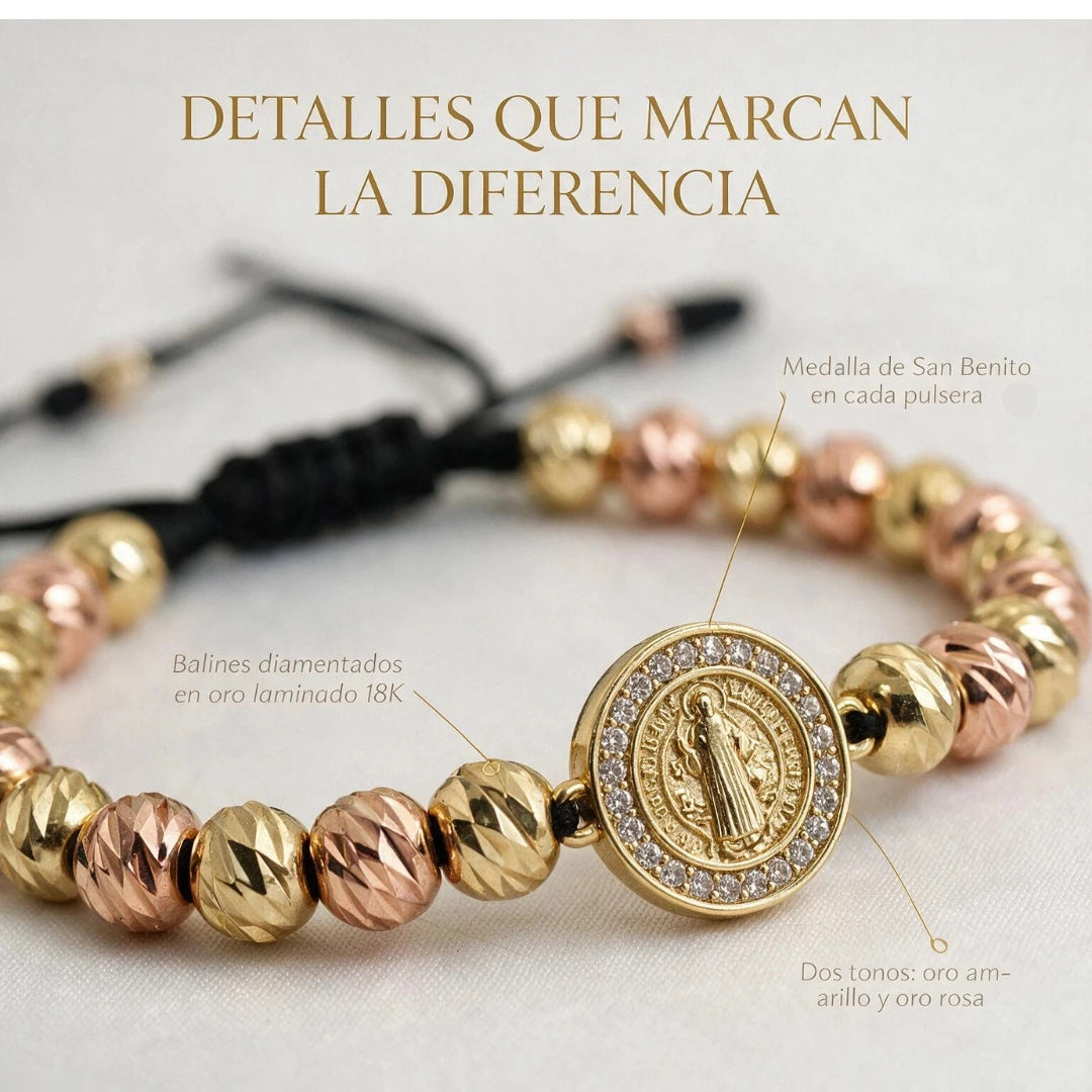 Detalles del Set Dúo de Fe: medalla de San Benito, balines diamantados en oro laminado 18K, dos tonos oro amarillo y oro rosa